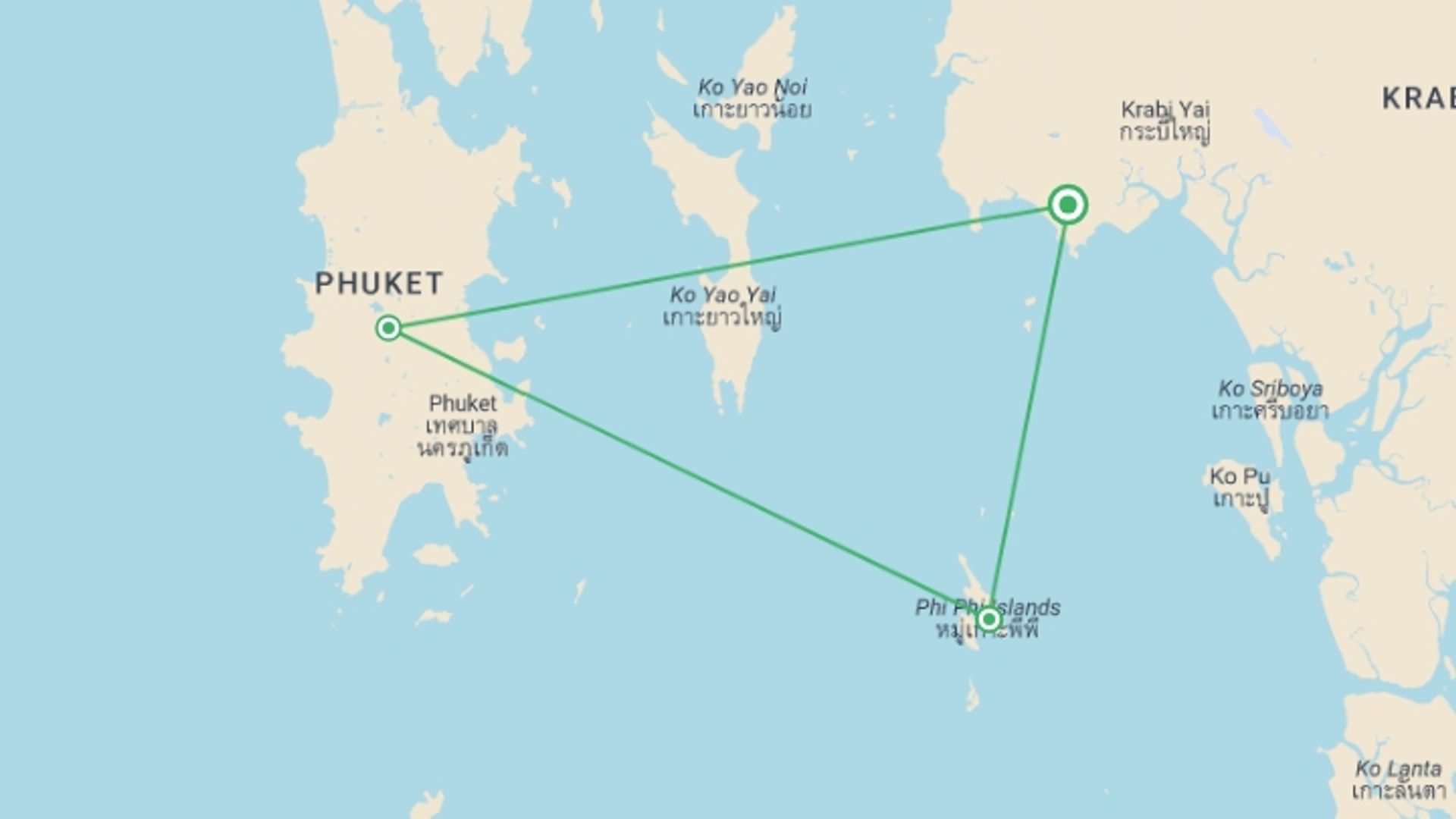 A map showing the tour itinerary for the trip: Phi Phi Beach Package, starting in Ao Nang, Thailand and ending in Ao Nang, Thailand going through 2 other destinations.