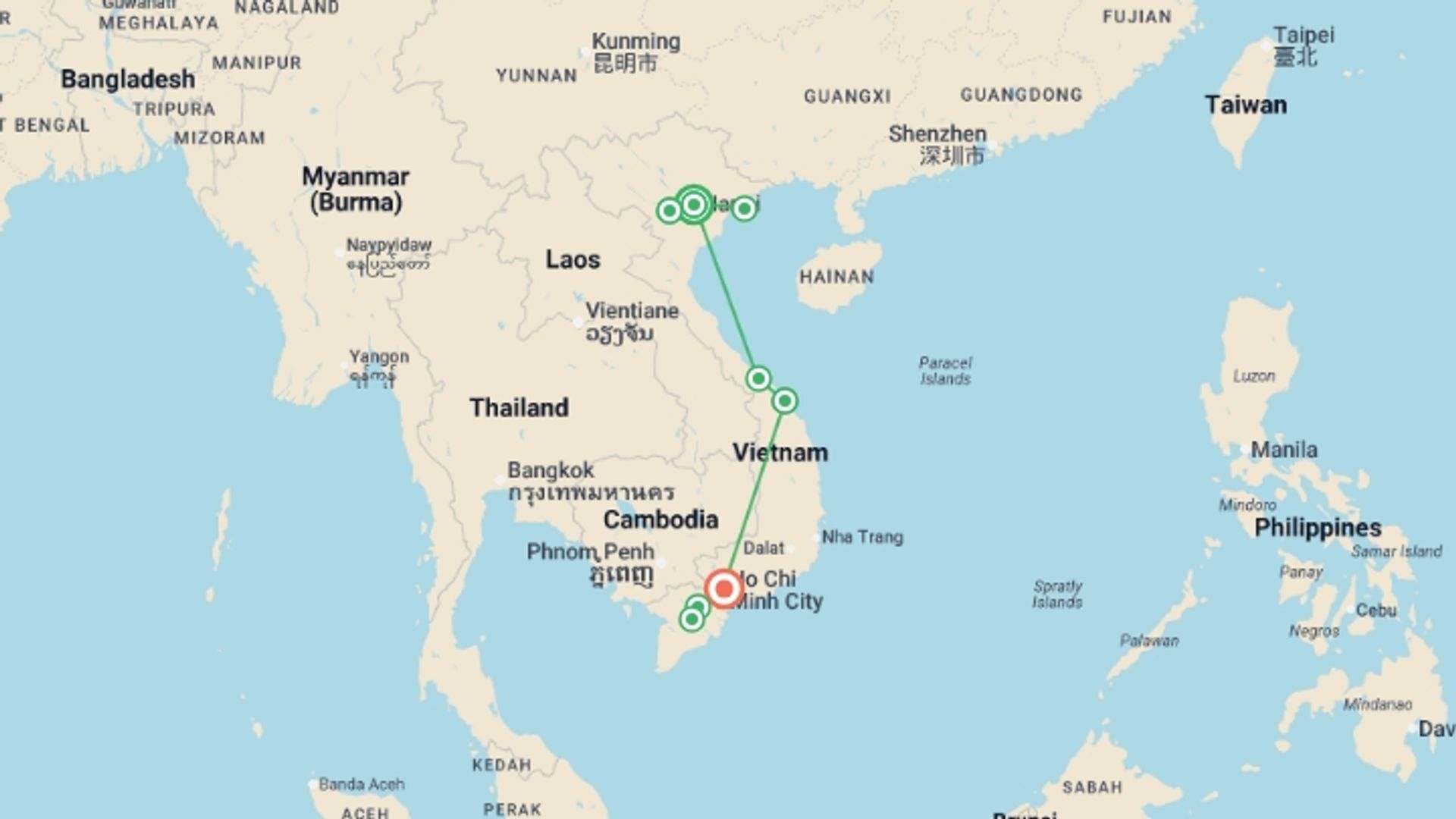 A map showing the tour itinerary for the trip: Trails of Vietnam, starting in Hanoi, Vietnam and ending in Ho Chi Minh City, Vietnam going through 6 other destinations.