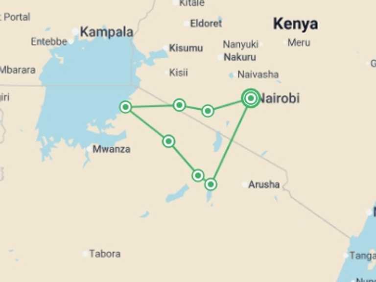 Map of Africa Tour with 8 destination visits for the trip: Essential East Africa