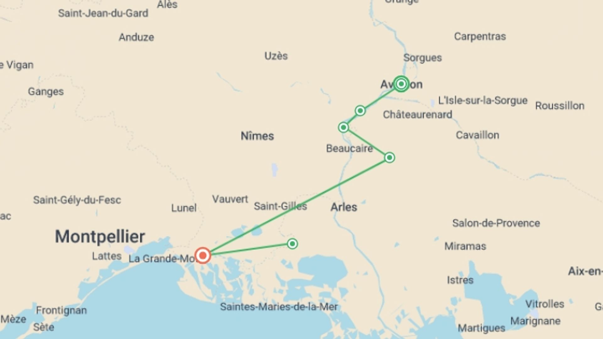 A map showing the tour itinerary for the trip: Provence Bike & Boat, starting in Avignon, France and ending in Aigues-Mortes, France going through 6 other destinations.