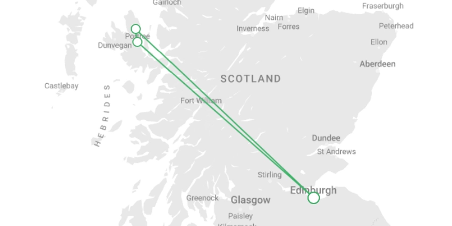 A map showing the tour itinerary for the trip: Winter Skye High, starting in Edinburgh, Scotland and ending in Edinburgh, Scotland going through 1 other destinations.