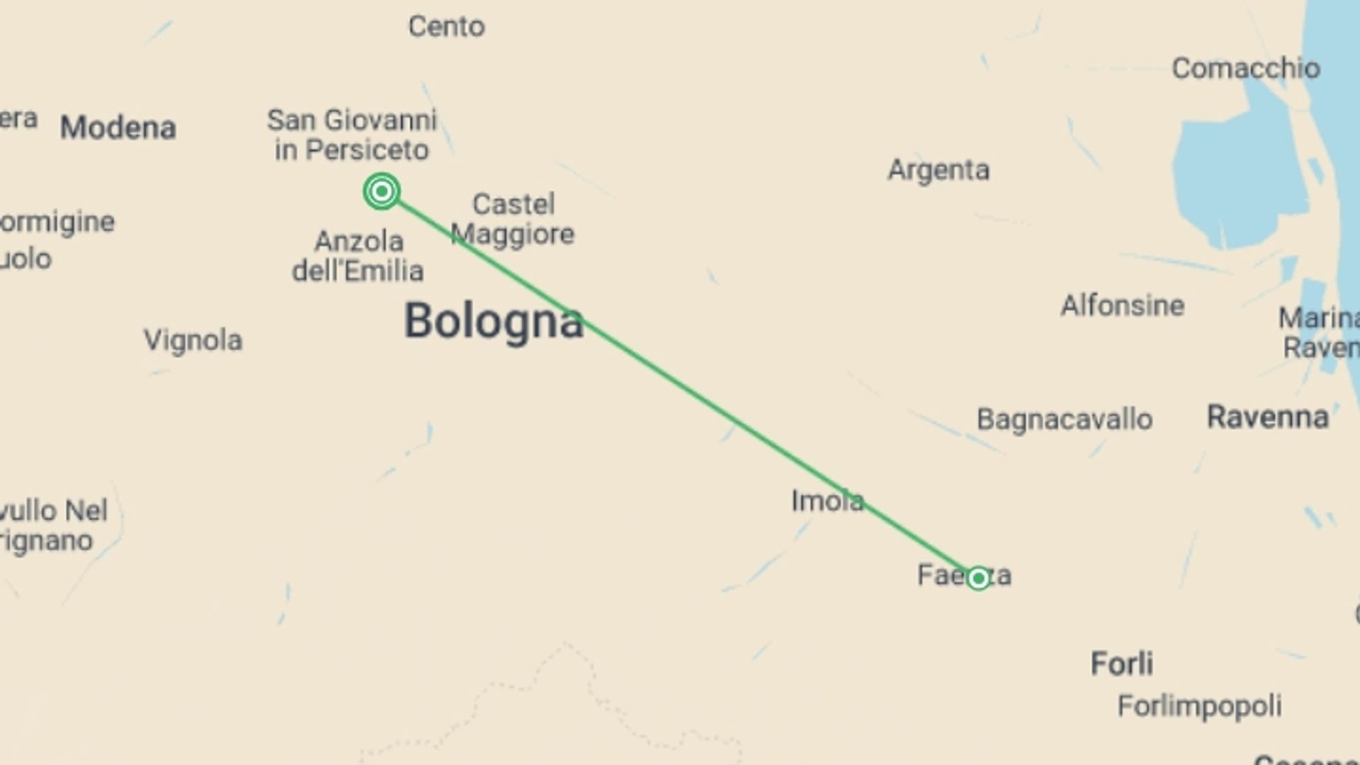 A map showing the tour itinerary for the trip: An Italian Escape: Weekend in Faenza, starting in Emilia-Romagna, Italy and ending in Emilia-Romagna, Italy going through 0 other destinations.