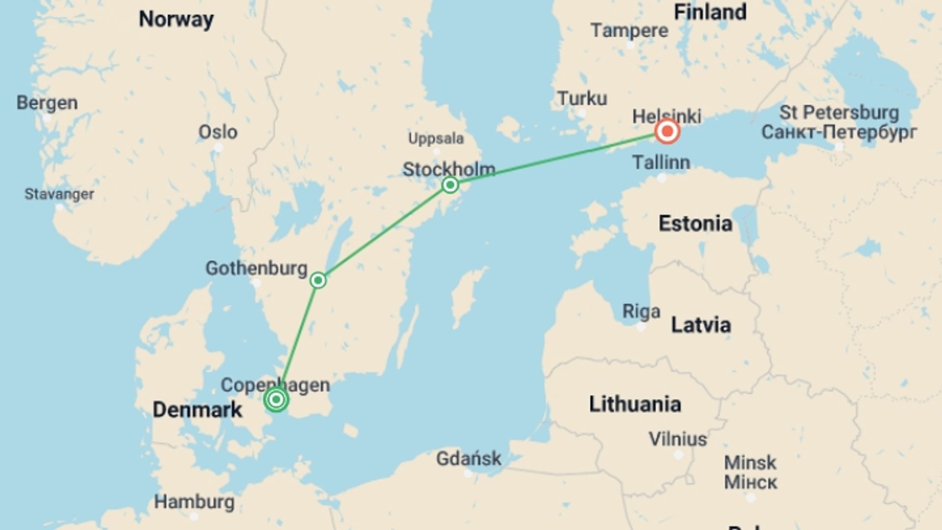 A map showing the tour itinerary for the trip: Jewels of Scandinavia End Helsinki, starting in Copenhagen, Denmark and ending in Helsinki, Finland going through 1 other destinations.