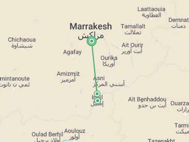 Map of Marrakech Walking Tour with 3 destination visits for the trip: Mount Toubkal Trek