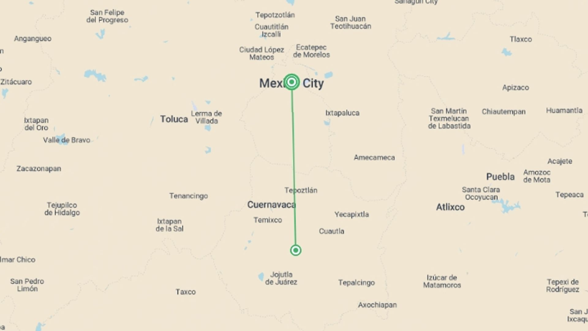 A map showing the tour itinerary for the trip: February 11:  Bahidora Festival 2026, Music, Art, Adventure & Mexico City, starting in Mexico City, Mexico and ending in Mexico City, Mexico going through 1 other destinations.