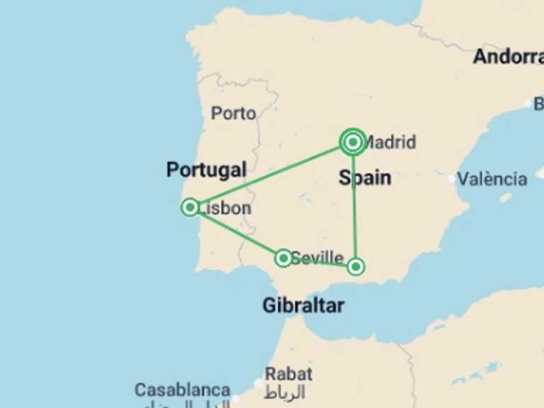 Map itinerary of Spain Tour in March 2027 with 4 destination visits for the trip: Iberian Ring