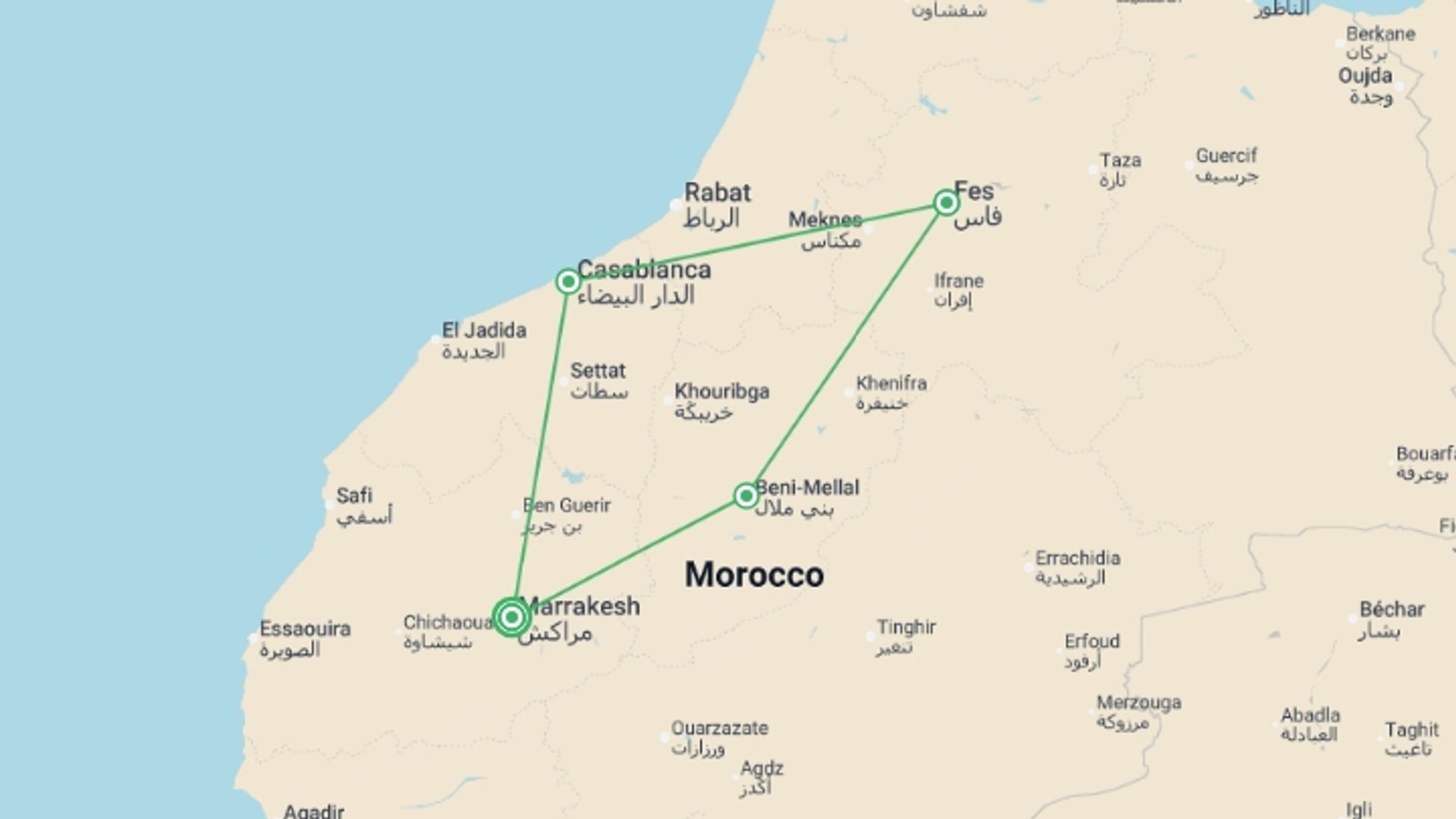 A map showing the tour itinerary for the trip: Imperial Cities Of Morocco, Spanish-speaking Guide, starting in Marrakech, Morocco and ending in Marrakech, Morocco going through 3 other destinations.