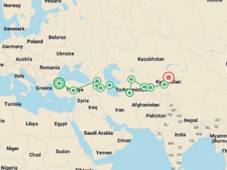 Map of Bishkek Explorer Tour with 12 destination visits for the trip: Istanbul To Bishkek (74 Days)