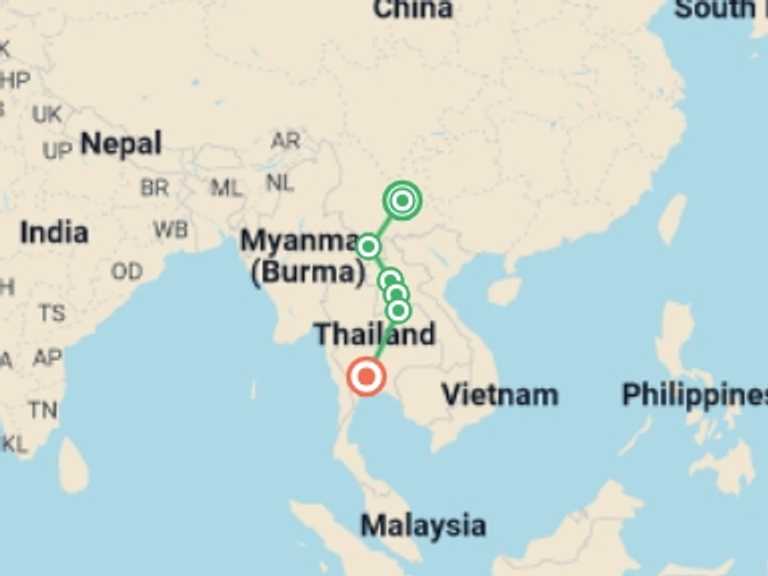Map of a Train Tour with 6 destination visits for the trip: China & Laos: Kunming to Bangkok by Rail