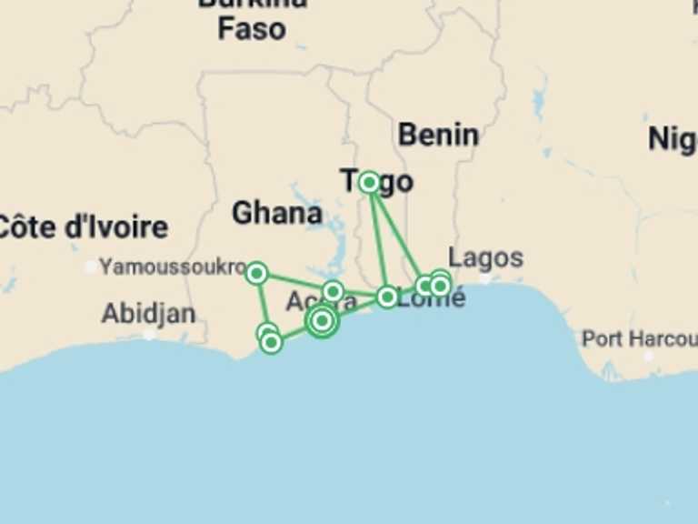 Map itinerary of West Africa Tour in Spring with 7 destination visits for the trip: Ghana Togo and Benin Heritage and Cultural Tour