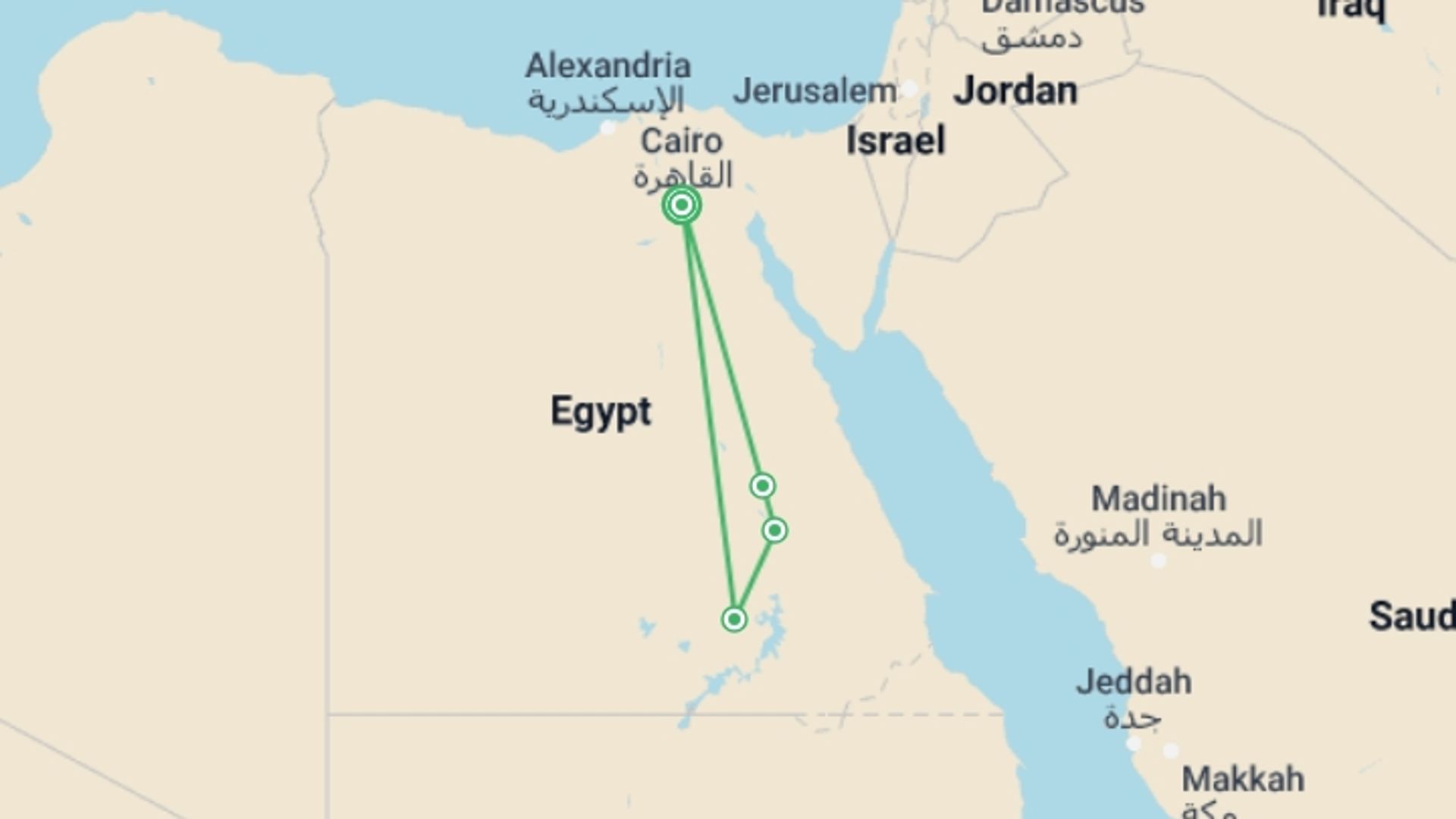 A map showing the tour itinerary for the trip: One Week In Egypt, starting in Cairo, Egypt and ending in Cairo, Egypt going through 5 other destinations.