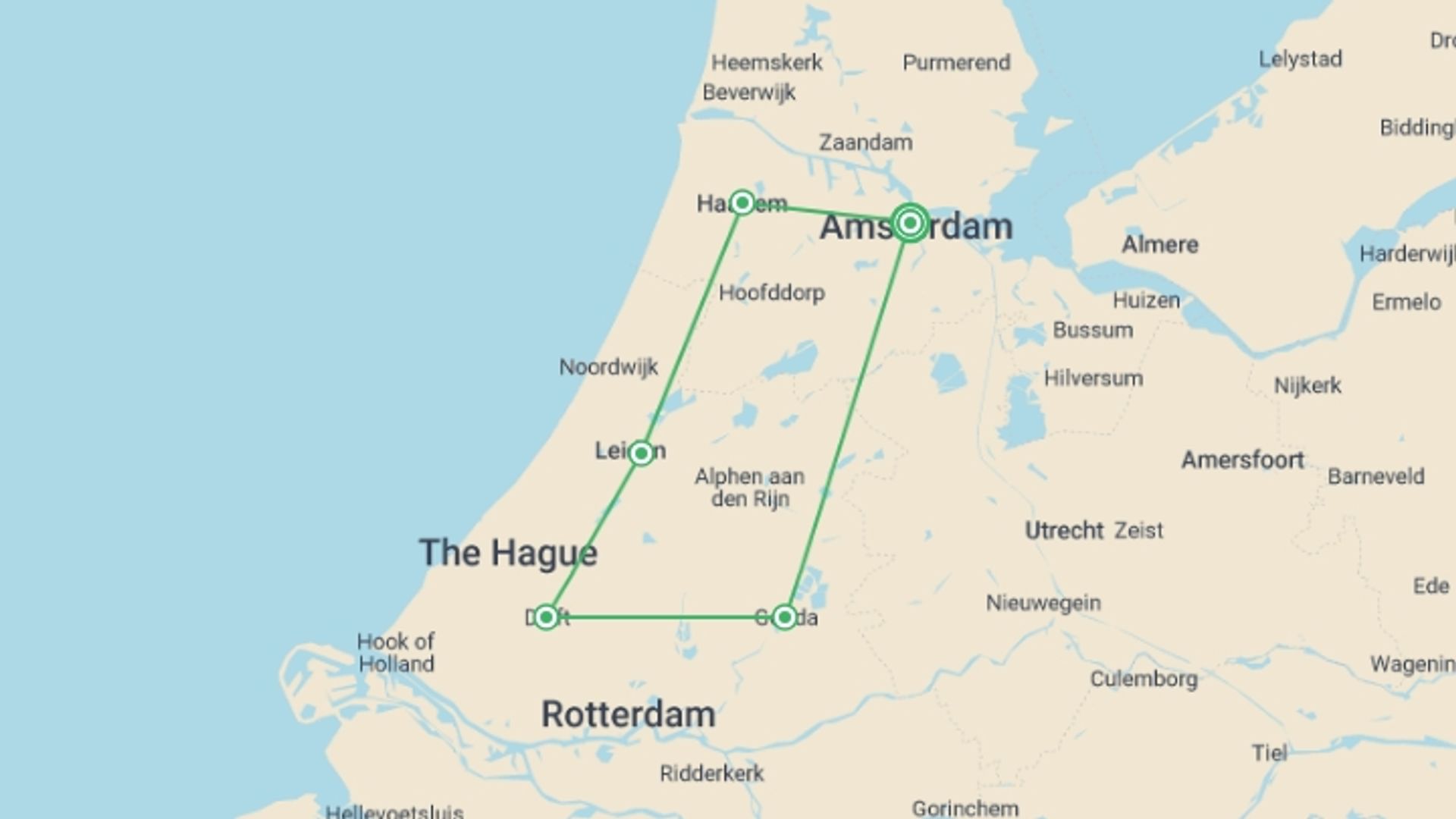 A map showing the tour itinerary for the trip: Classic Holland Cycle, starting in Amsterdam, Holland and ending in Amsterdam, Holland going through 4 other destinations.