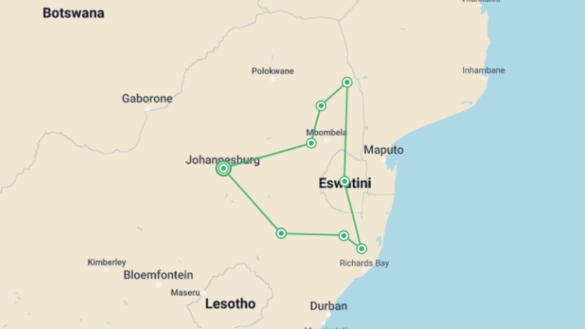 A map showing the tour itinerary for the trip: South Africa Walking Adventure, starting in Johannesburg, South Africa and ending in Johannesburg, South Africa going through 8 other destinations.