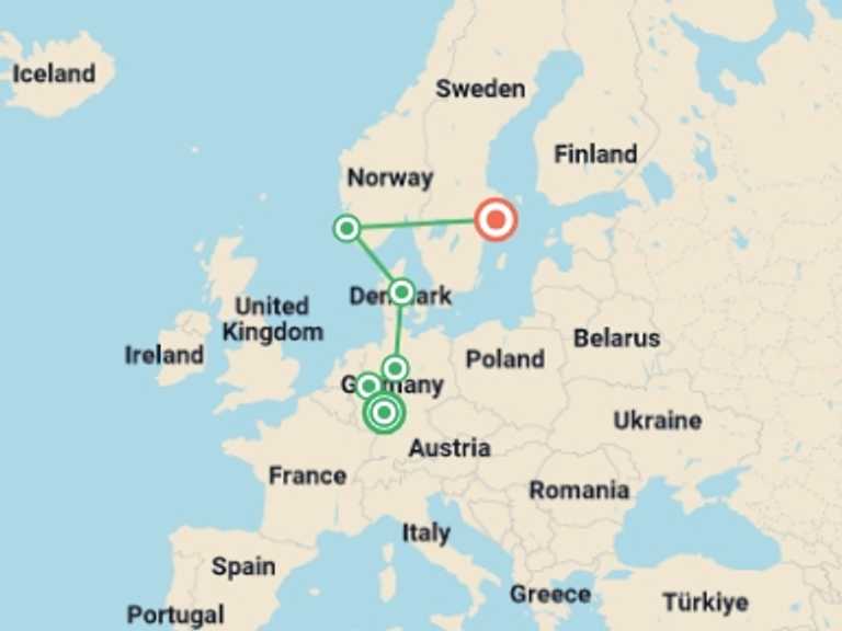 Map itinerary of Northern Europe Tour in Winter with 6 destination visits for the trip: Rhine, Fjords, and Nordic Wonders - 10 days