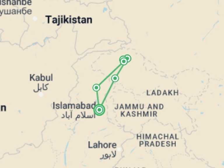 Map of Islamabad Tour with 7 destination visits for the trip: Patundass/shishper base camp trek