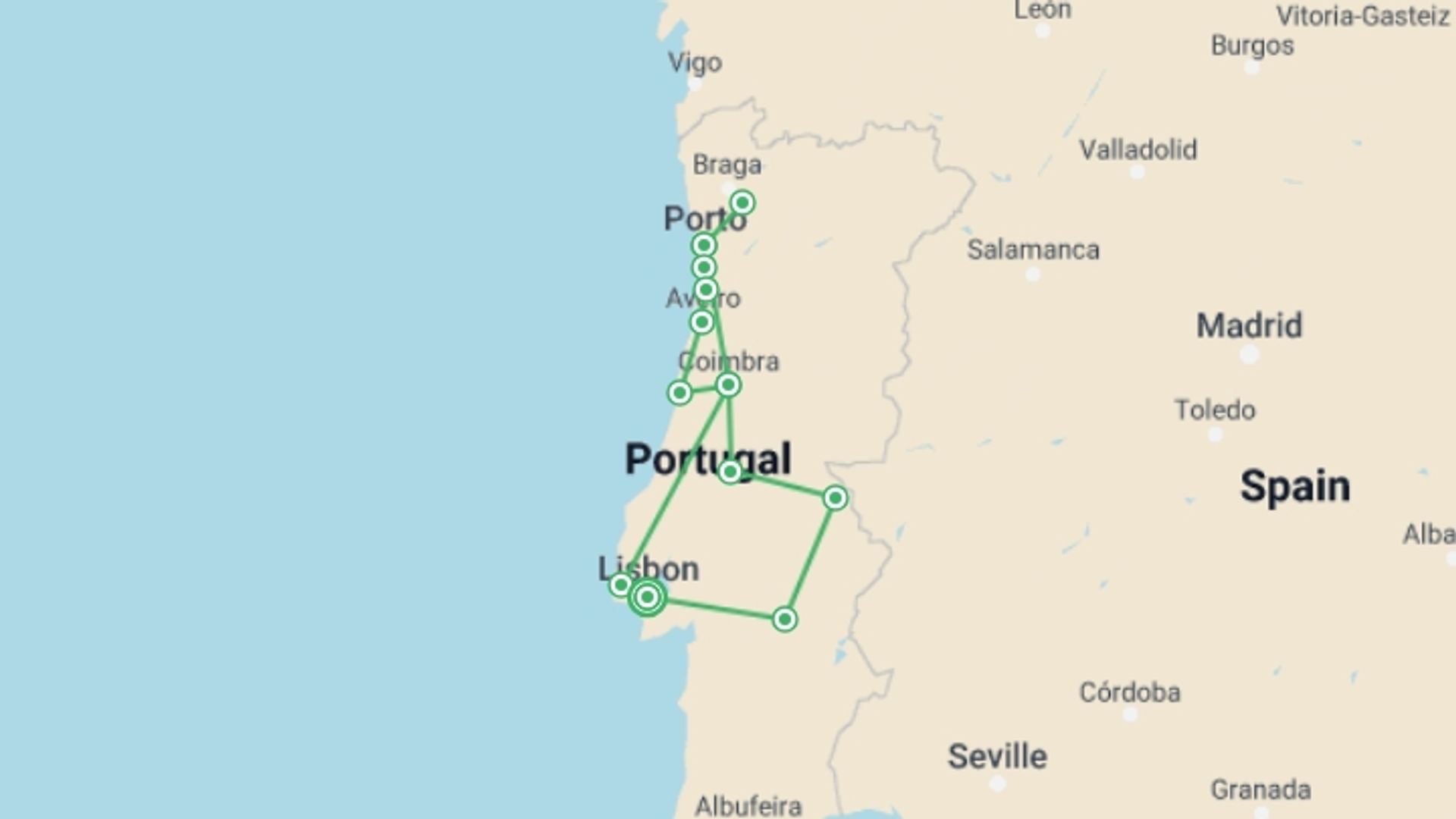 A map showing the tour itinerary for the trip: Portugal Discovery, Self-drive, starting in Lisbon, Portugal and ending in Lisbon, Portugal going through 3 other destinations.