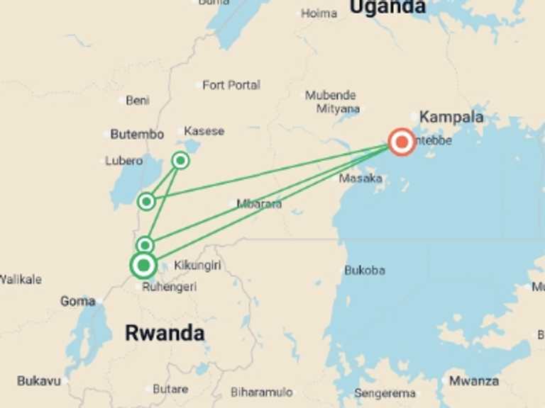 Map itinerary of East Africa Tour in May 2027 with 6 destination visits for the trip: 7-Day Customized Safari Tour - Gorilla Trekking in Uganda