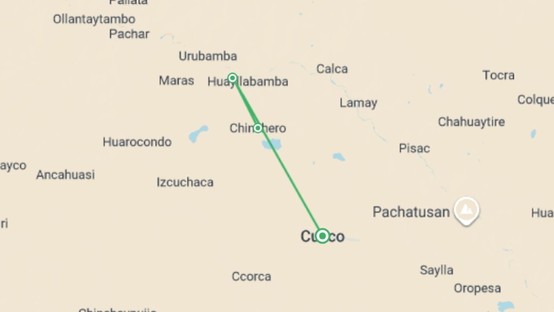 A map showing the tour itinerary for the trip: 2-day Private Sacred Valley Experience: Waterfall, Hummingbirds & Chinchero, starting in Cusco, Peru and ending in Cusco, Peru going through 2 other destinations.