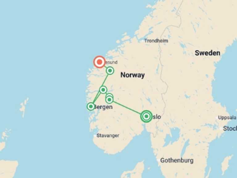 Map itinerary of Norway Tour in June 2026 with 5 destination visits for the trip: Best of the Norwegian Fjords - 9 days