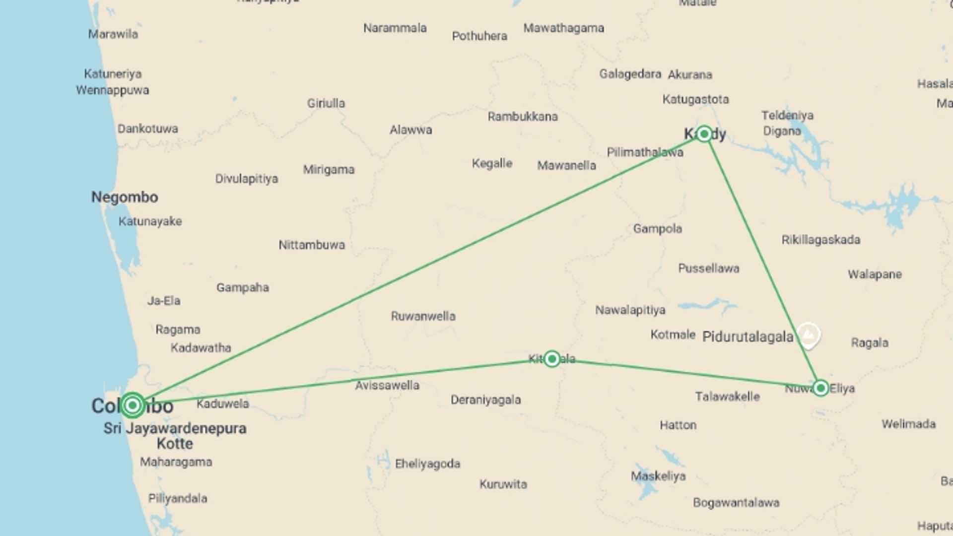 A map showing the tour itinerary for the trip: Experience The Central Hills, starting in Colombo, Sri Lanka and ending in Colombo, Sri Lanka going through 1 other destinations.