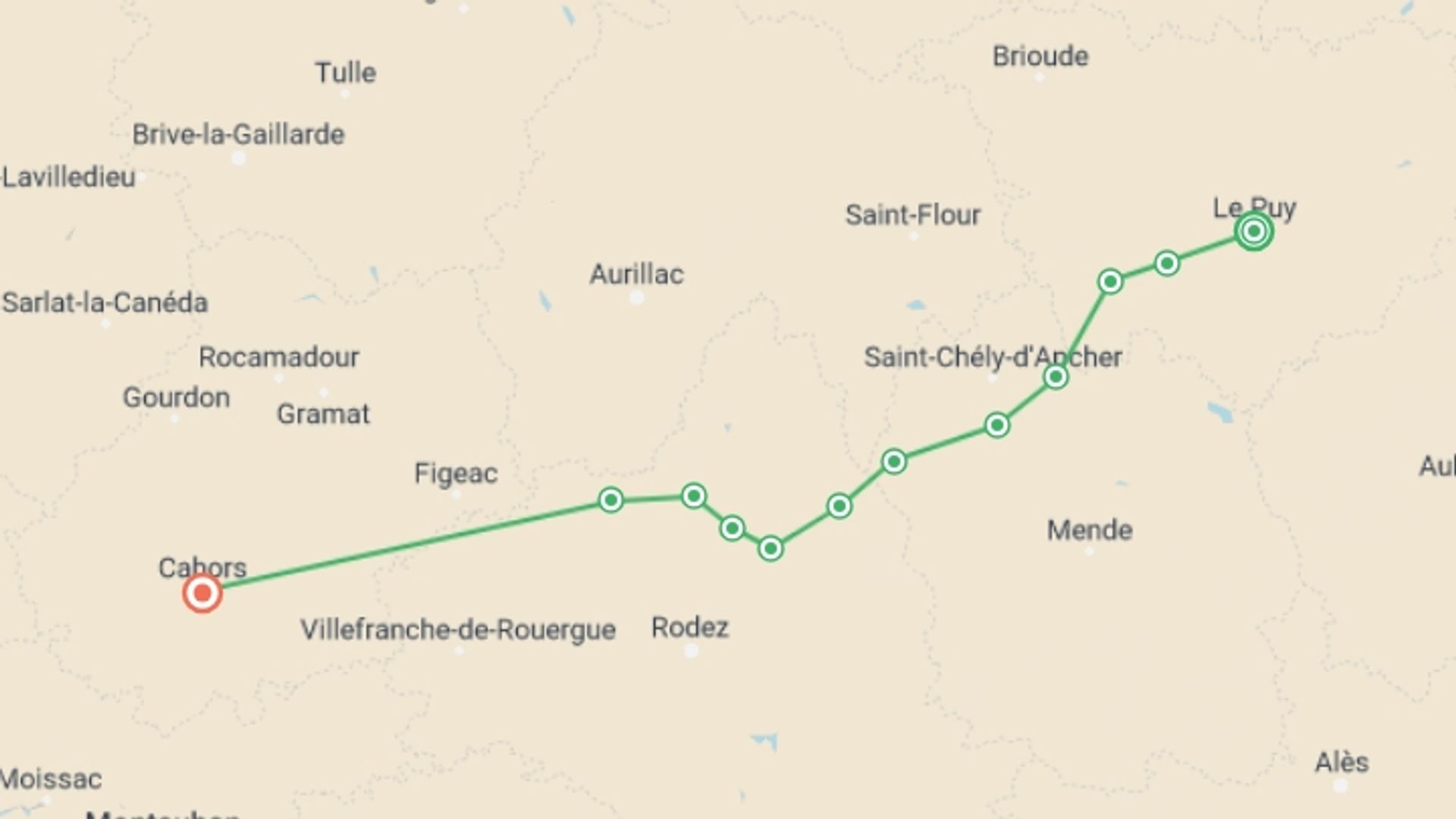 A map showing the tour itinerary for the trip: Le Puy Camino - Le Puy to Conques, starting in Le Puy-en-Velay, France and ending in Cahors, France going through 11 other destinations.