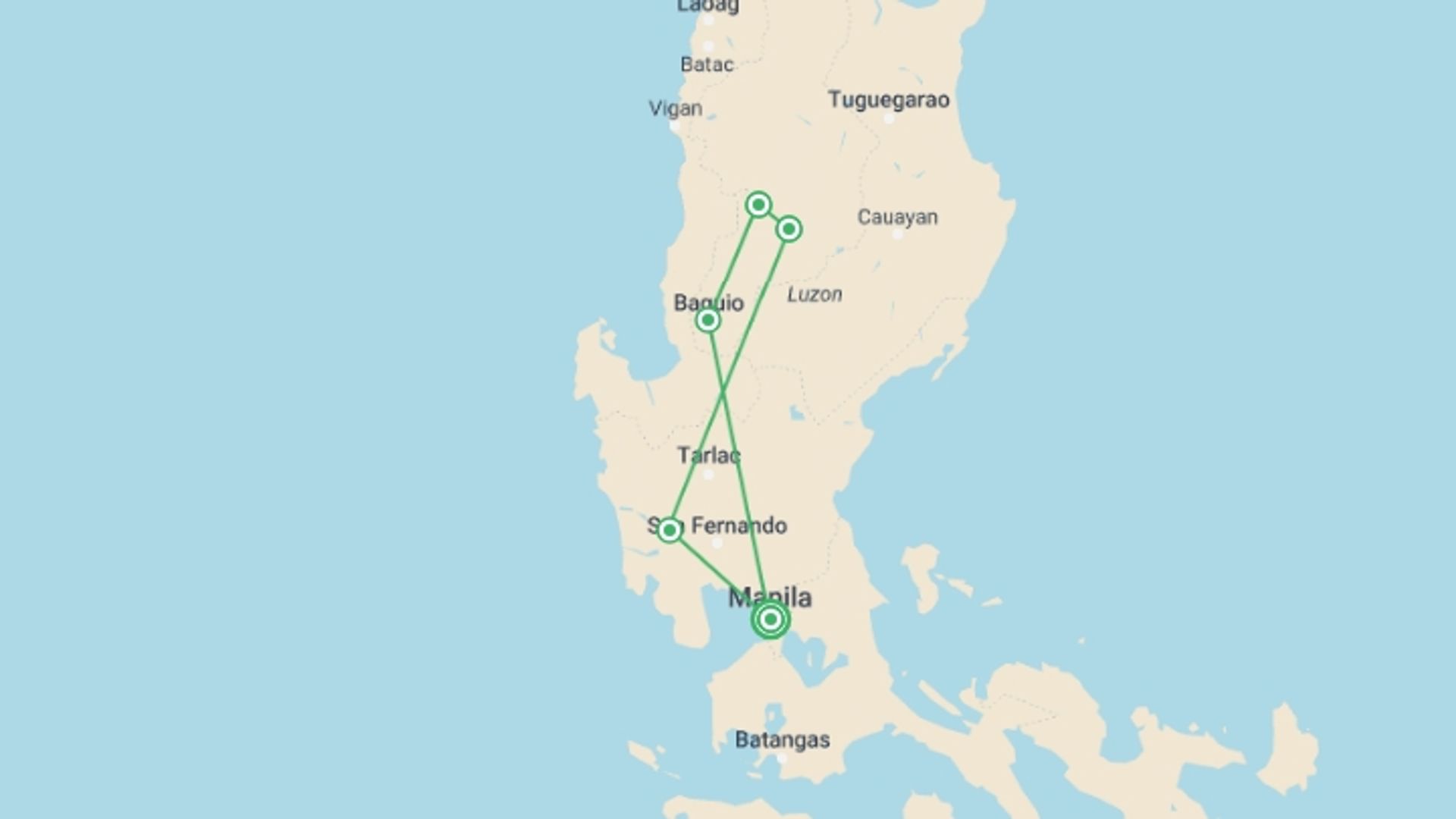 A map showing the tour itinerary for the trip: Northern Philippines Highlights, starting in Manila, Philippines and ending in Manila, Philippines going through 4 other destinations.