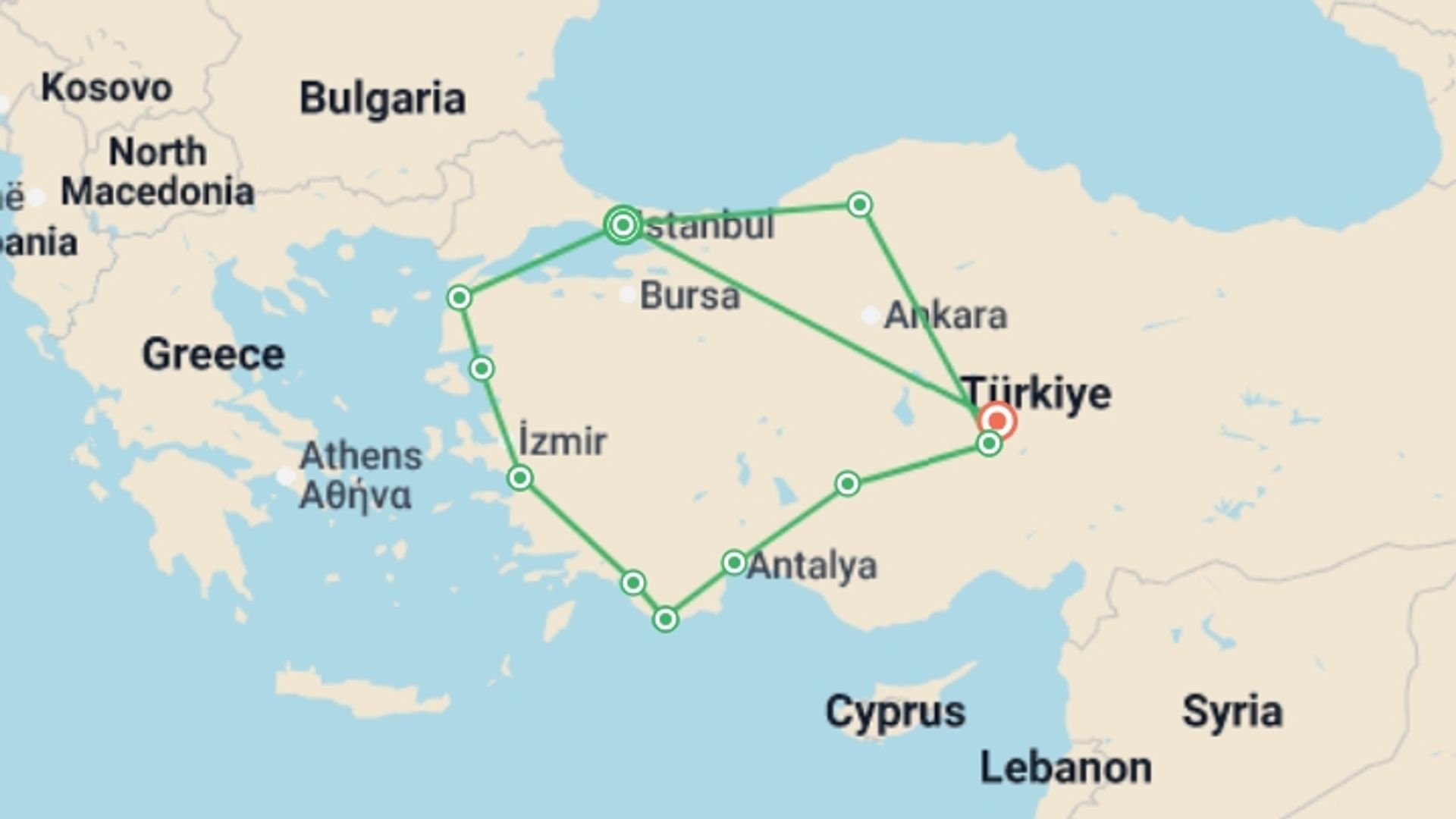 A map showing the tour itinerary for the trip: Highlights of Turkey, starting in Istanbul, Turkey and ending in Cappadocia, Turkey going through 9 other destinations.