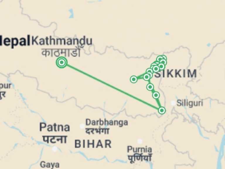 Map itinerary of Kathmandu Tour in October 2026 with 15 destination visits for the trip: Kanchenjunga Base Camp