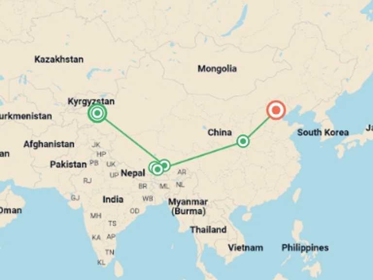 Map of a Overland Journeys Tour with 6 destination visits for the trip: Kashgar To Beijing (23 Days)