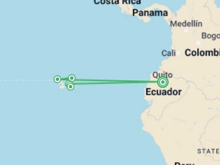 Map itinerary of Quito Tour in March 2026 with 5 destination visits for the trip: Quito And Legend Galapagos Cruise