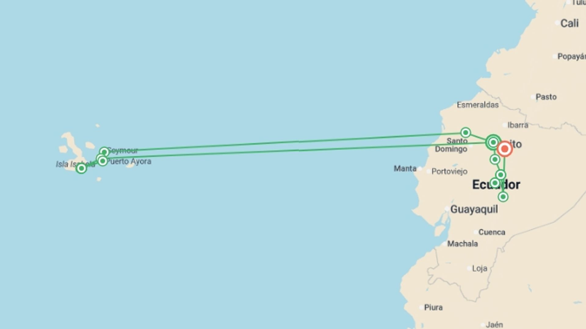 A map showing the tour itinerary for the trip: Ecuador & Galapagos Family Adventure - 12 days, starting in Quito, Ecuador and ending in Papallacta, Ecuador going through 5 other destinations.