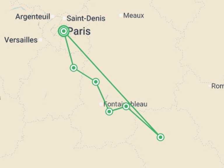 Map of Paris Cruise Tour with 7 destination visits for the trip: Revisit France's Past, its Royal Sites, and Medieval Cities during a Historic Cruise on the Petite Seine  (port-to-port cruise)