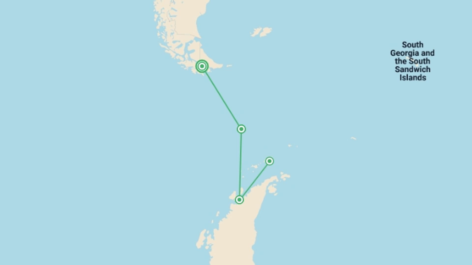 A map showing the tour itinerary for the trip: Classic Antarctica - M/V Ushuaia, starting in Ushuaia, Argentina and ending in Ushuaia, Argentina going through 3 other destinations.