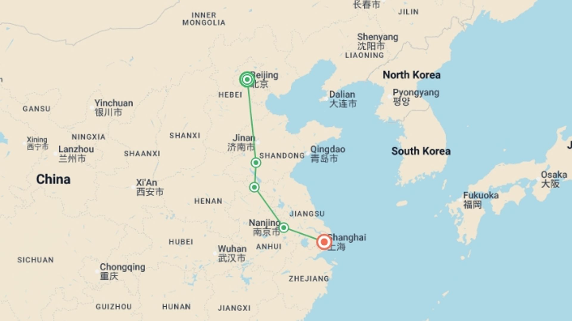 A map showing the tour itinerary for the trip: Spiritual and Modern China, starting in Beijing, China and ending in Shanghai, China going through 3 other destinations.