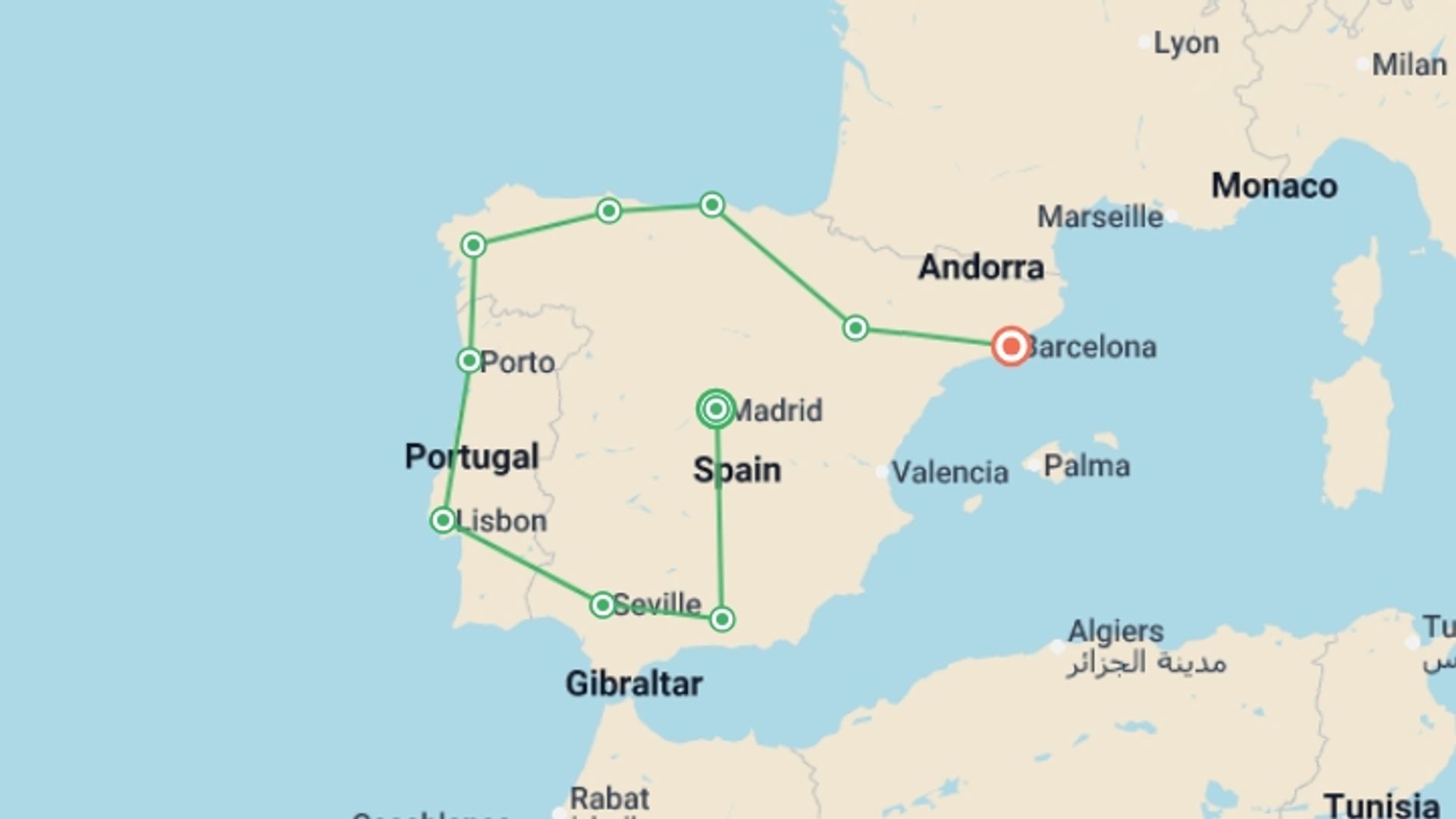 A map showing the tour itinerary for the trip: Treasures from Spain and Portugal, starting in Madrid, Spain and ending in Barcelona, Spain going through 8 other destinations.