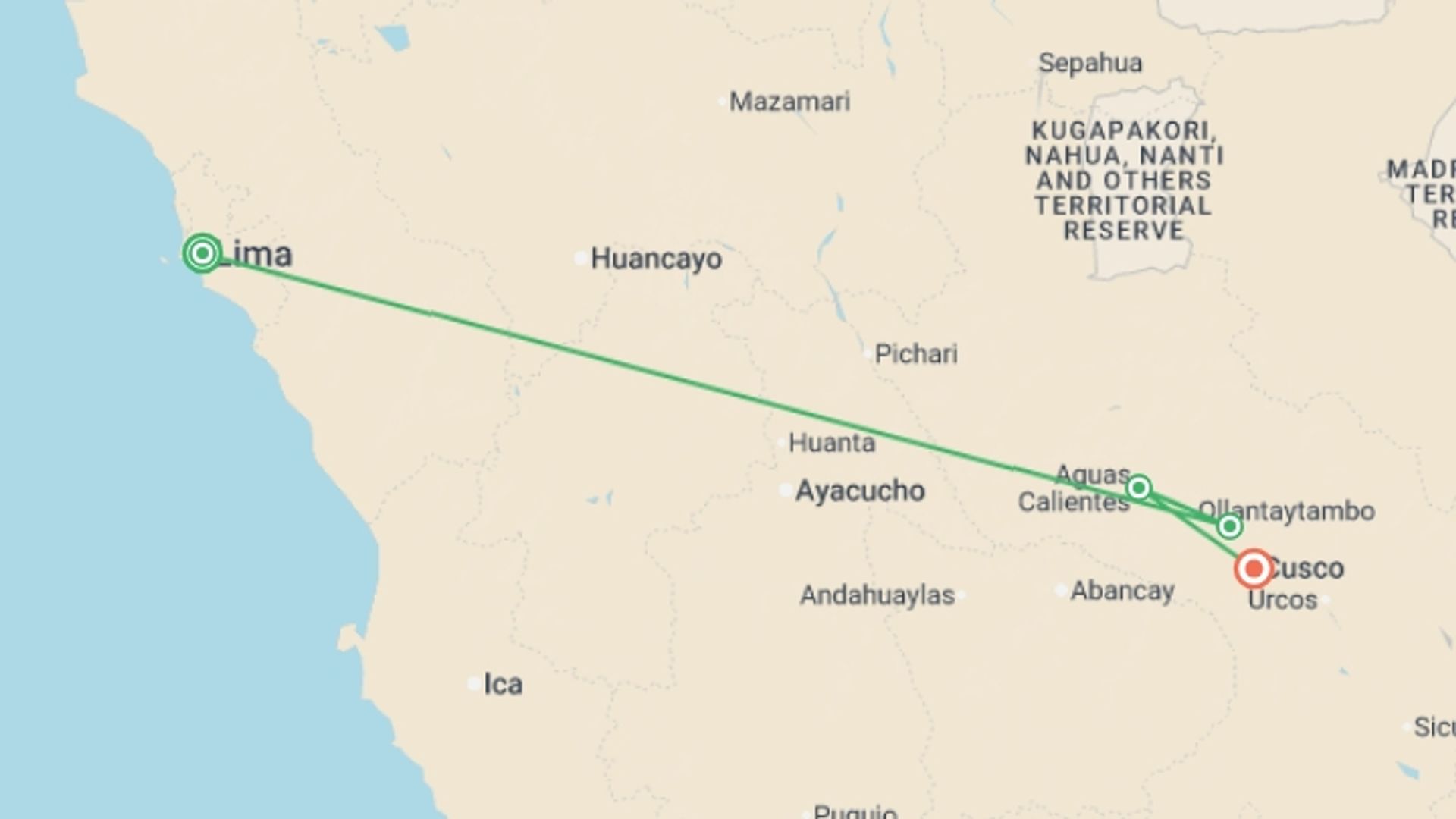 A map showing the tour itinerary for the trip: Peru With Machu Picchu, starting in Lima, Peru and ending in Cusco, Peru going through 2 other destinations.