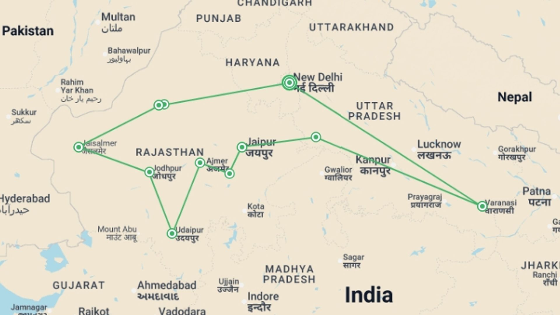 A map showing the tour itinerary for the trip: Rajasthan & Varanasi — Ancient Temples & the Taj Mahal, starting in New Delhi, India and ending in New Delhi, India going through 10 other destinations.