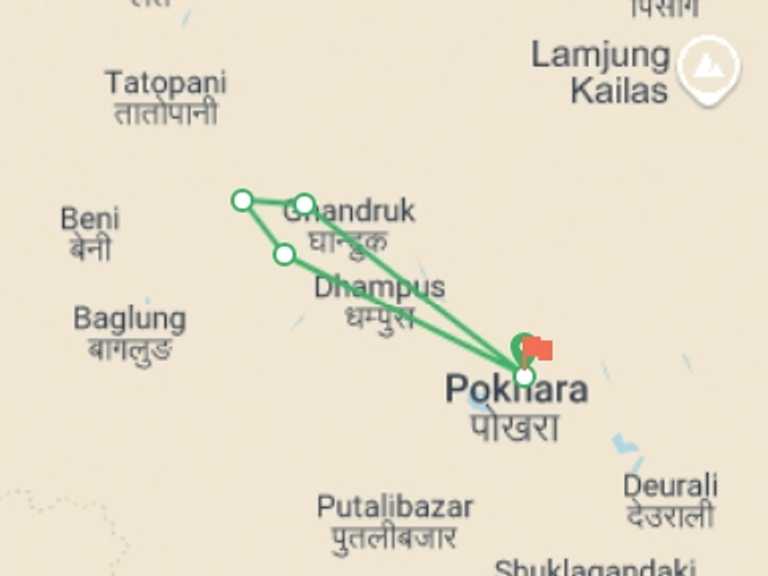 Map of Pokhara Trekking and Hiking Tour with 5 destination visits for the trip: 4 Days Trek To Poon Hill
