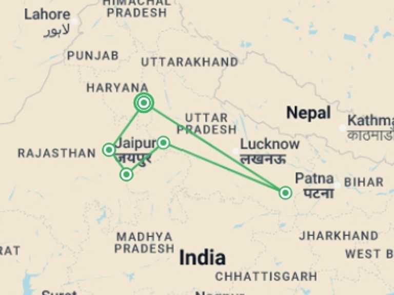 Map of Jaipur Tour with 5 destination visits for the trip: Highlights of Northern India