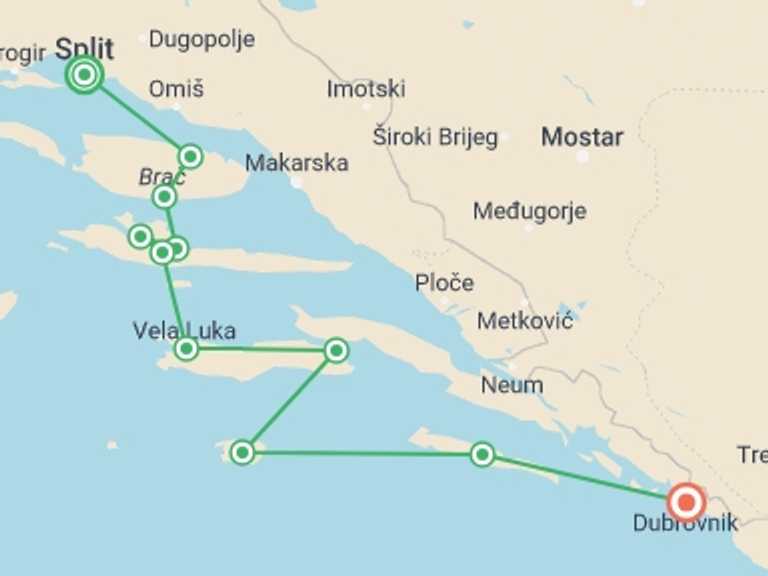 Map of a River cruise Tour with 9 destination visits for the trip: Dalmatian Coast and Dubrovnik Bike and Boat