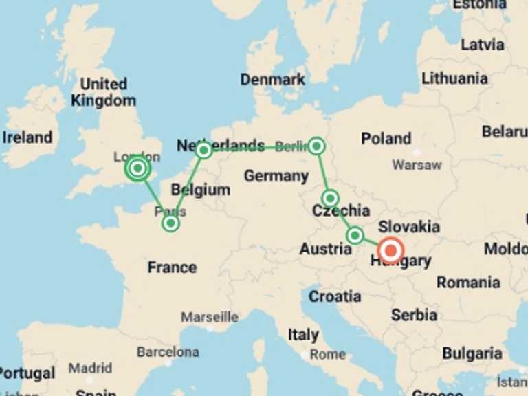 Map itinerary of London Tour in September 2026 with 2 destination visits for the trip: London to Budapest by Train