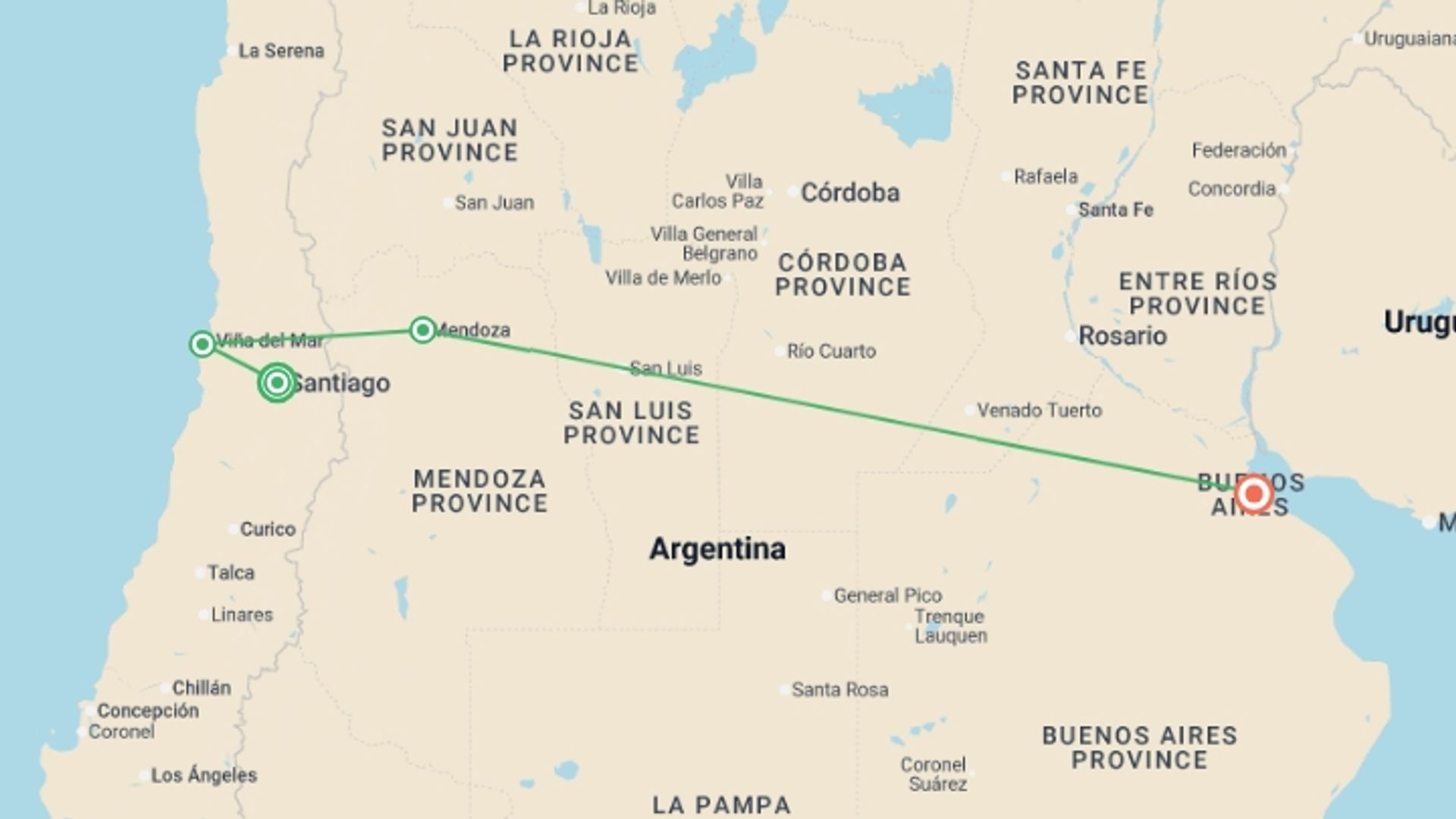 A map showing the tour itinerary for the trip: Premium Chile & Argentina, starting in Santiago, Chile and ending in Buenos Aires, Argentina going through 2 other destinations.