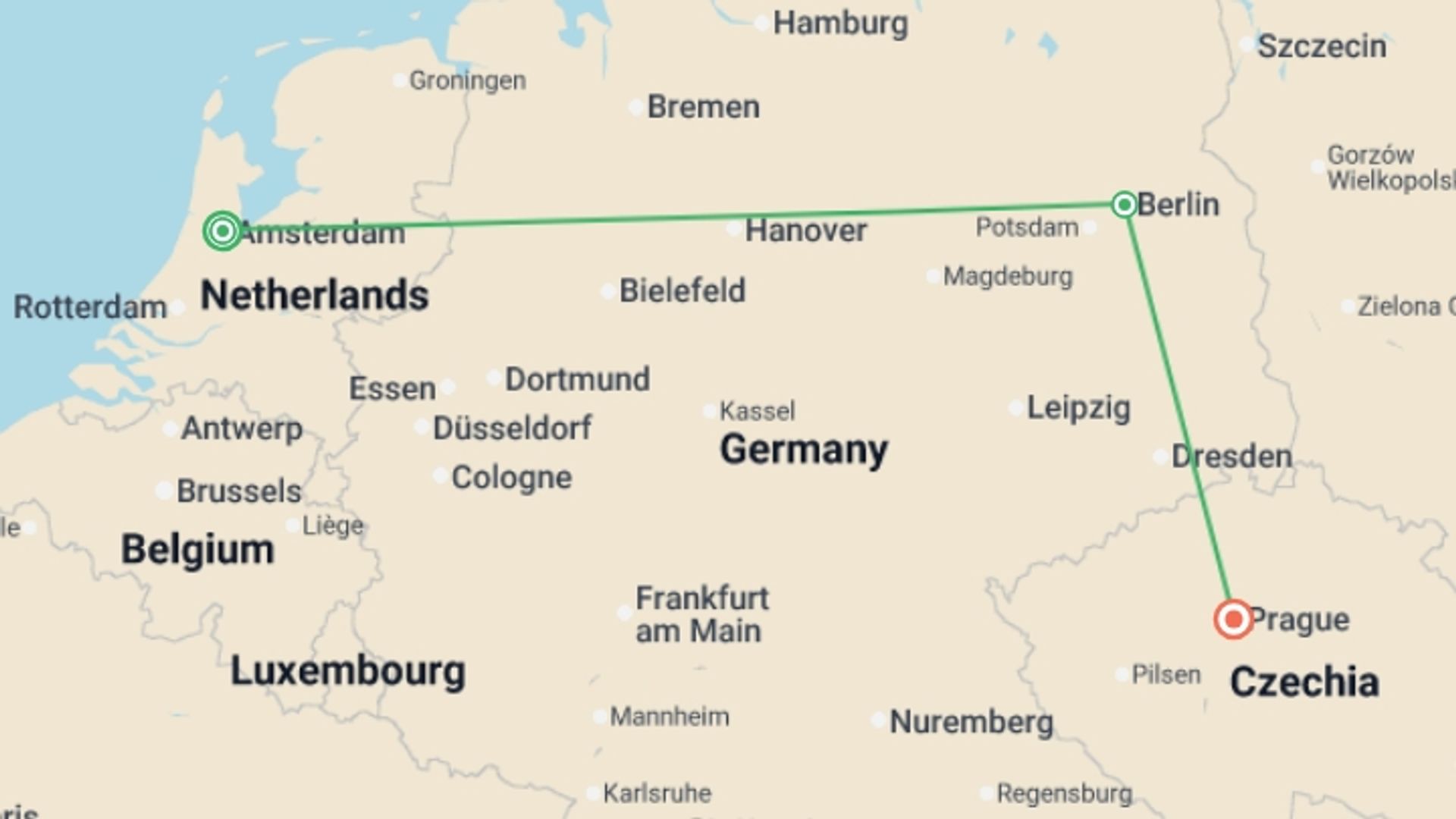A map showing the tour itinerary for the trip: Amsterdam, Berlin and Prague, starting in Amsterdam, Holland and ending in Prague, Czech Republic going through 1 other destinations.