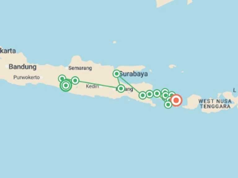 Map itinerary of Ubud Tour in October 2027 with 15 destination visits for the trip: Indonesia: Java & Bali