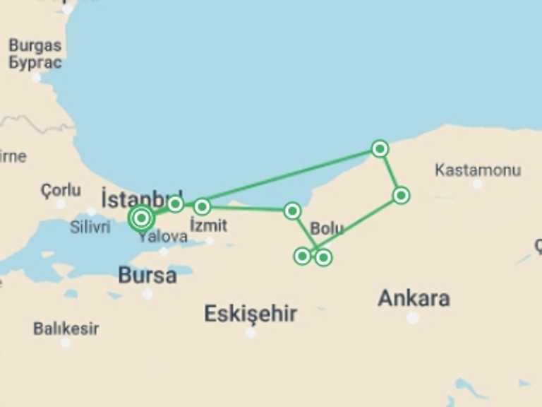 Map of Turkey Trekking and Hiking Tour with 7 destination visits for the trip: West Black Sea Tour