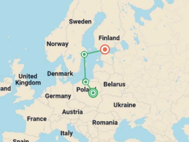 Map of 10-Day Warsaw Tour with 5 destination visits for the trip: Heading North End Helsinki