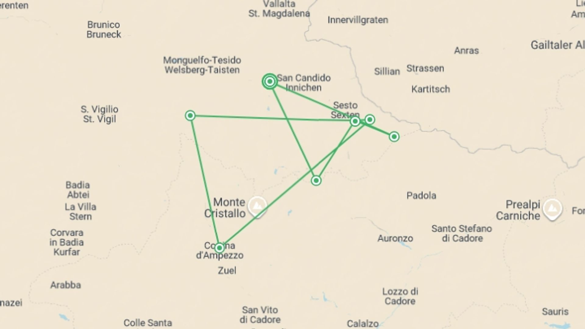A map showing the tour itinerary for the trip: Self-Guided Walks in the Italian Dolomites, starting in Dobbiaco, Italy and ending in Dobbiaco, Italy going through 5 other destinations.