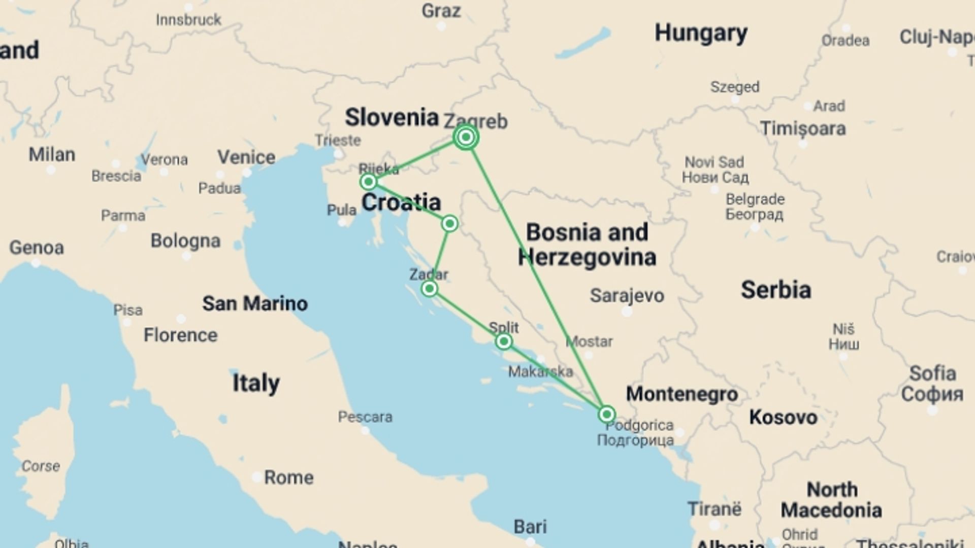 A map showing the tour itinerary for the trip: Best Of Croatia 11 Days, Self-drive, starting in Zagreb, Croatia and ending in Zagreb, Croatia going through 5 other destinations.