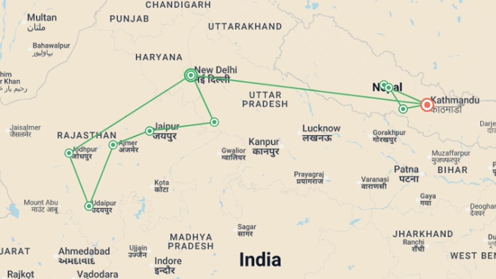 A map showing the tour itinerary for the trip: North India & Nepal Adventure - 18 days, starting in undefined, India and ending in Kathmandu, Nepal going through 4 other destinations.