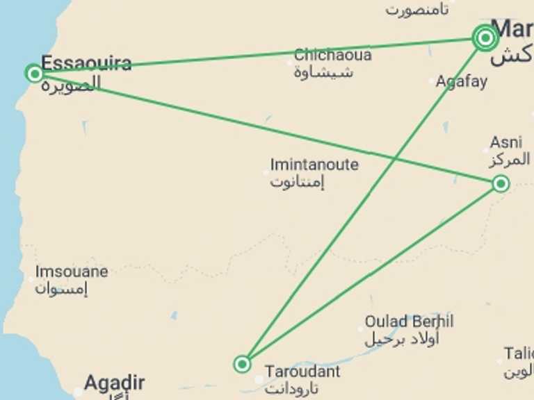 Map itinerary of Mediterranean Tour in October 2026 with 5 destination visits for the trip: Walking in Morocco - Atlas to Atlantic
